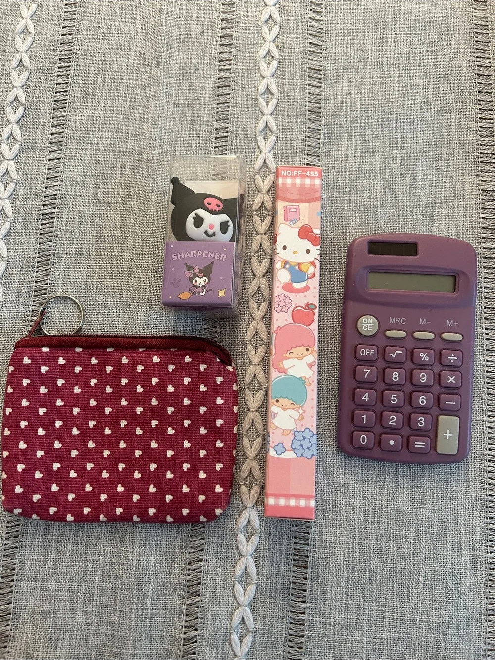 Purple Calculator, Coin Purse, Pen, & Pencil Sharpener